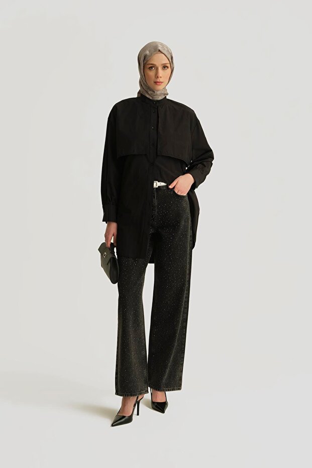 Stone Embroidered Wide Leg Denim Trousers 25Yd9132 Anthracite
