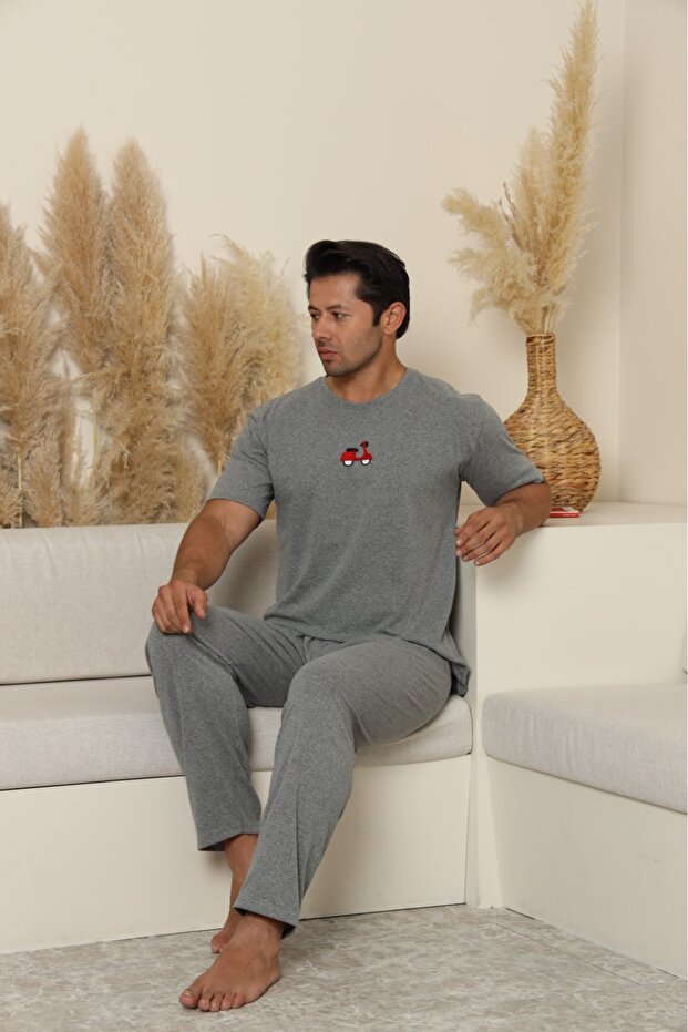 Men's Motorcycle Embroidered Short Sleeve Six Long Combed Cotton Knitted Fabric Summer Pajamas Set