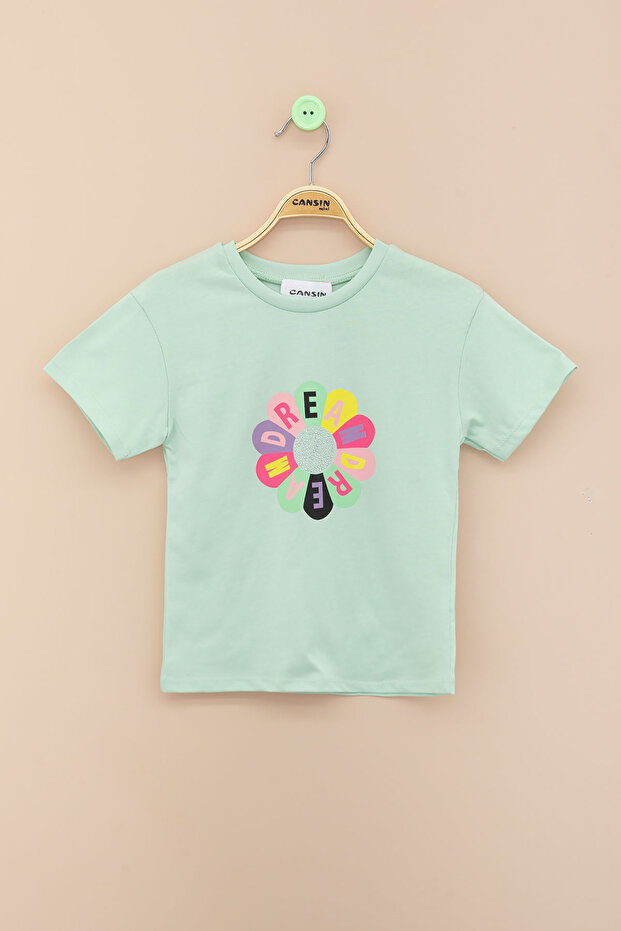 Green Dream Printed Sequined Girl's Short Sleeve T-Shirt 21003