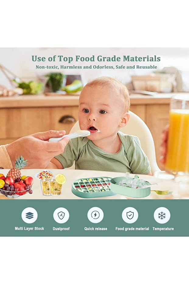 Ice Cube Trays,72Pcs square ice cube mold with Lid and Bin,Easy Release & Safety material (Green) - 7