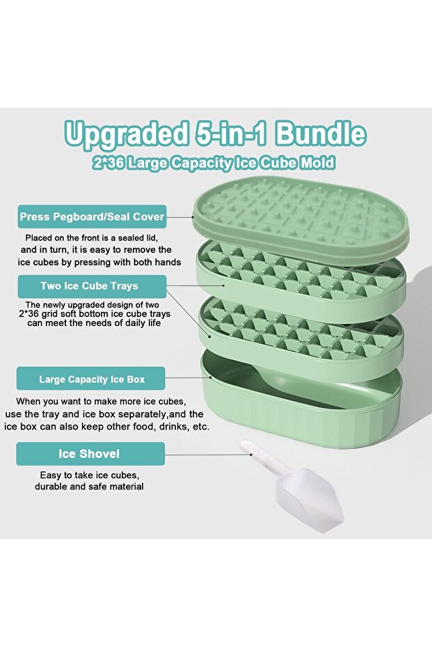 Ice Cube Trays,72Pcs square ice cube mold with Lid and Bin,Easy Release & Safety material (Green) - 8