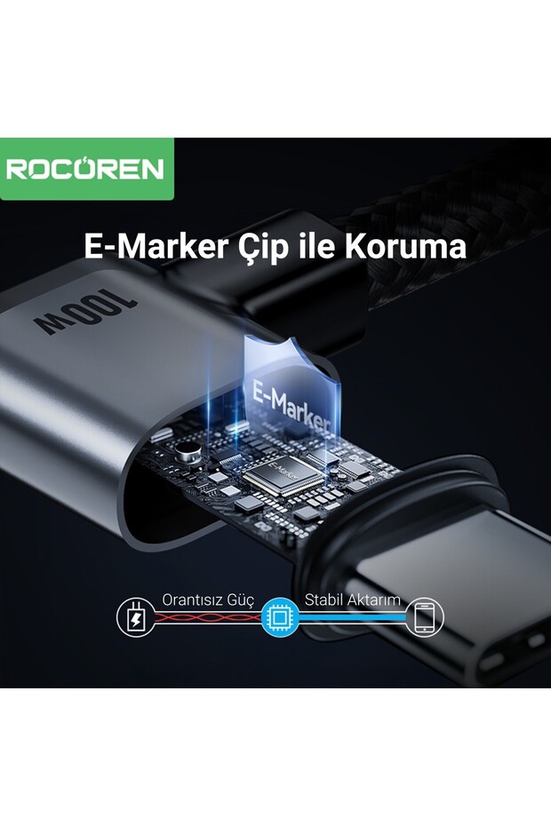 100W Type-C to Type-C 90° Örgülü PD Hızlı Şarj ve Data Kablosu 1 Metre - 5