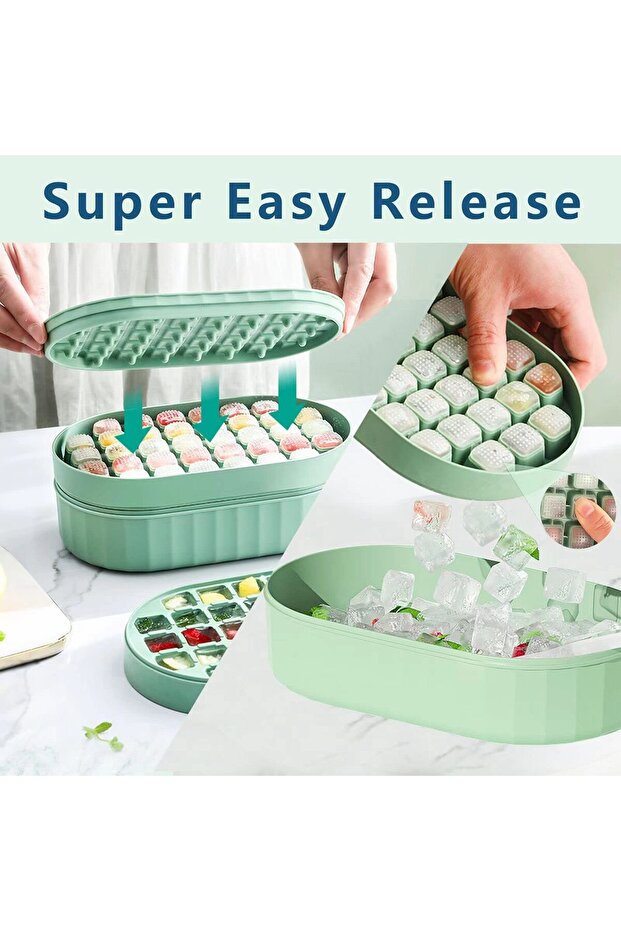 Ice Cube Trays,72Pcs square ice cube mold with Lid and Bin,Easy Release & Safety material (Green) - 3