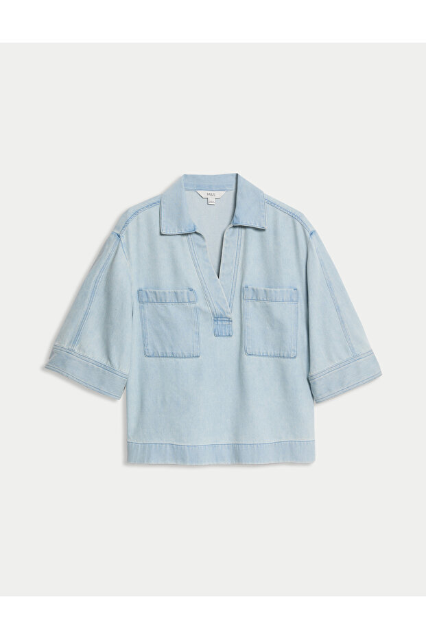 Lyocell Oversize Kısa Kot Gömlek - 5