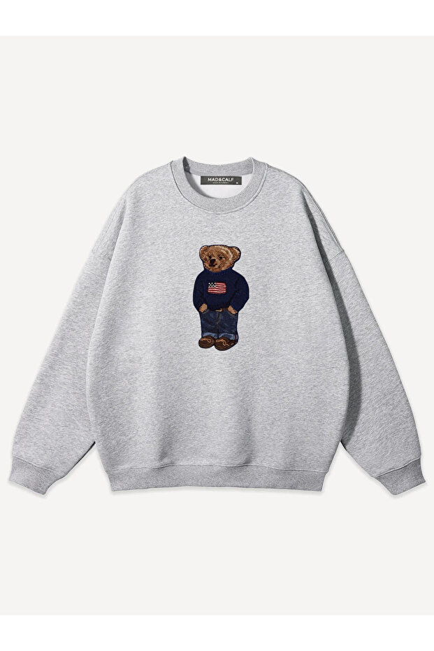 سويت شيرت بطبعة Teddy Boy للجنسين، بياقة دائرية، قصة واسعة / فضفاضة
