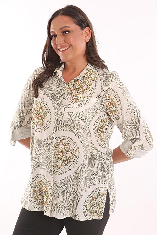 Trend42Plus Large Size Ethnic Pattern Green Shirt