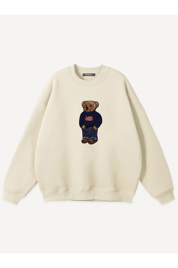 سويت شيرت بطبعة Teddy Boy للجنسين، بياقة دائرية، قصة واسعة / فضفاضة