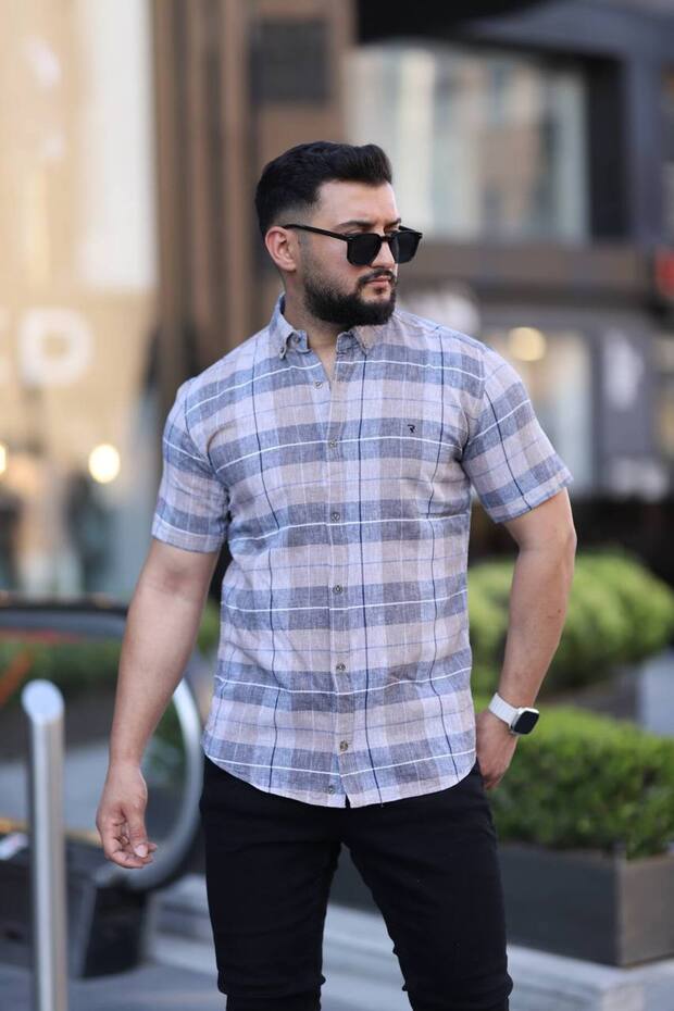 Men's Short Sleeve Slim Fit Checked Linen Shirt 2476