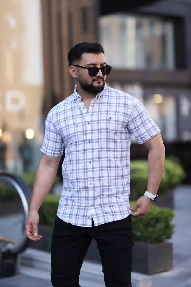 Men's Short Sleeve Slim Fit Checked Linen Shirt 2476
