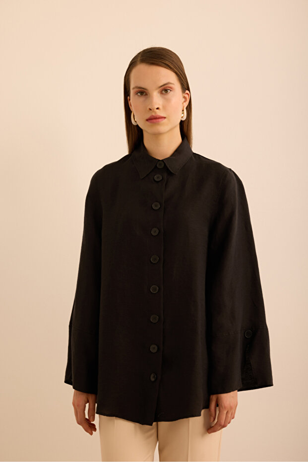 Siyah Rahat Form Keten Tunik - 2