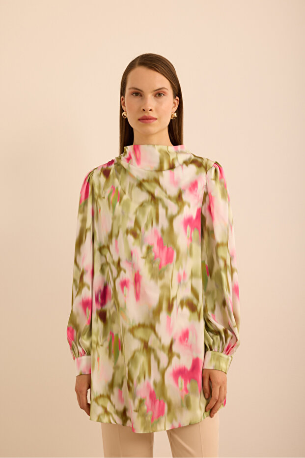 Batik Patterned Stand Collar Blouse - 1