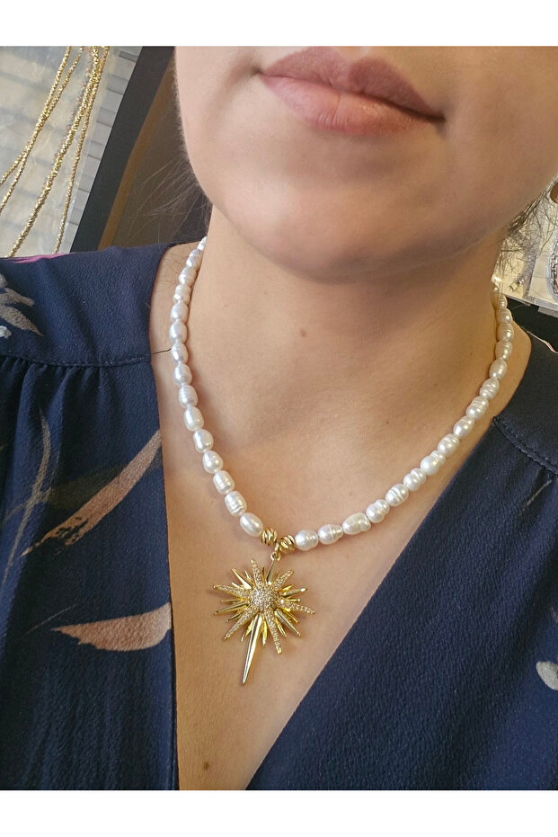 Yıldız uçlu gerçek inci kolye - 5