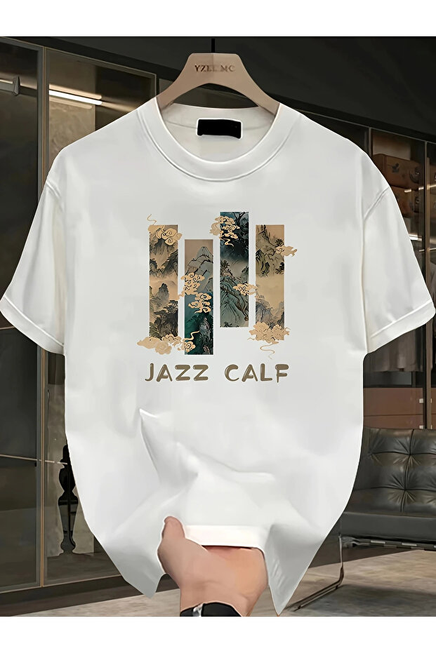 Unisex Cotton White Oversize "Jazz Calf" Printed Crew Neck Casual T-Shirt