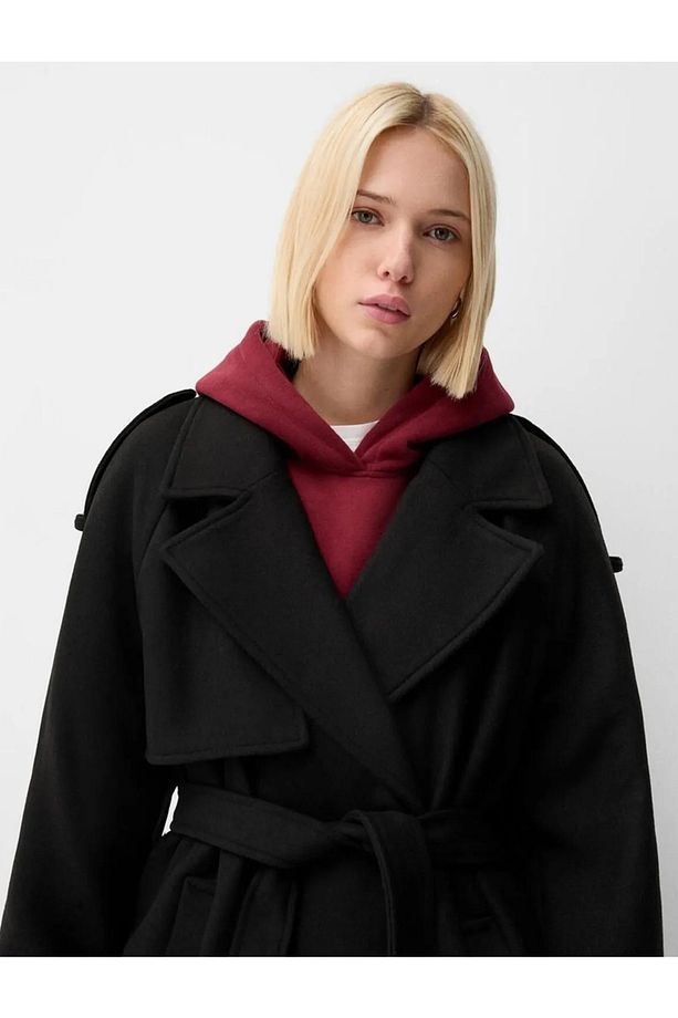 Allbucks Bersh ka, Siyah Oversize Yün Içerikli Kaşe Trençkot Kaban Abbrs1009 - 4