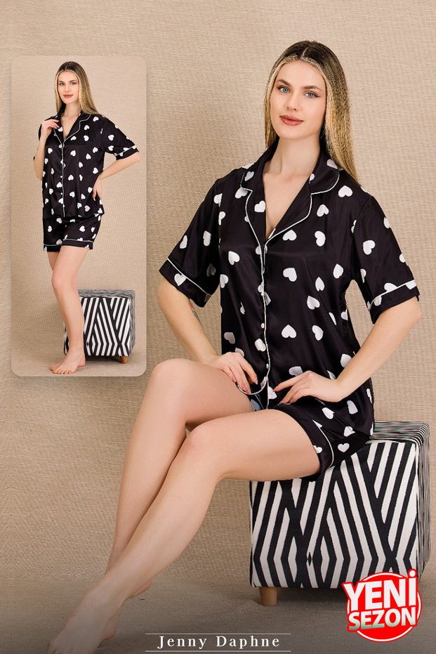 Satin Black Color Heart Patterned Short Sleeve Satin Pajama Set with 2 Shorts 15011