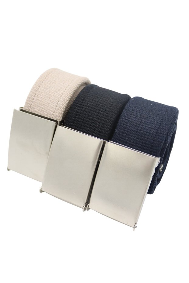 Unisex Set of 3 (Black-Navy Blue-Beige) Woven Nilel Buckle Canvas Tactical Belt 4Cmx 120 cm