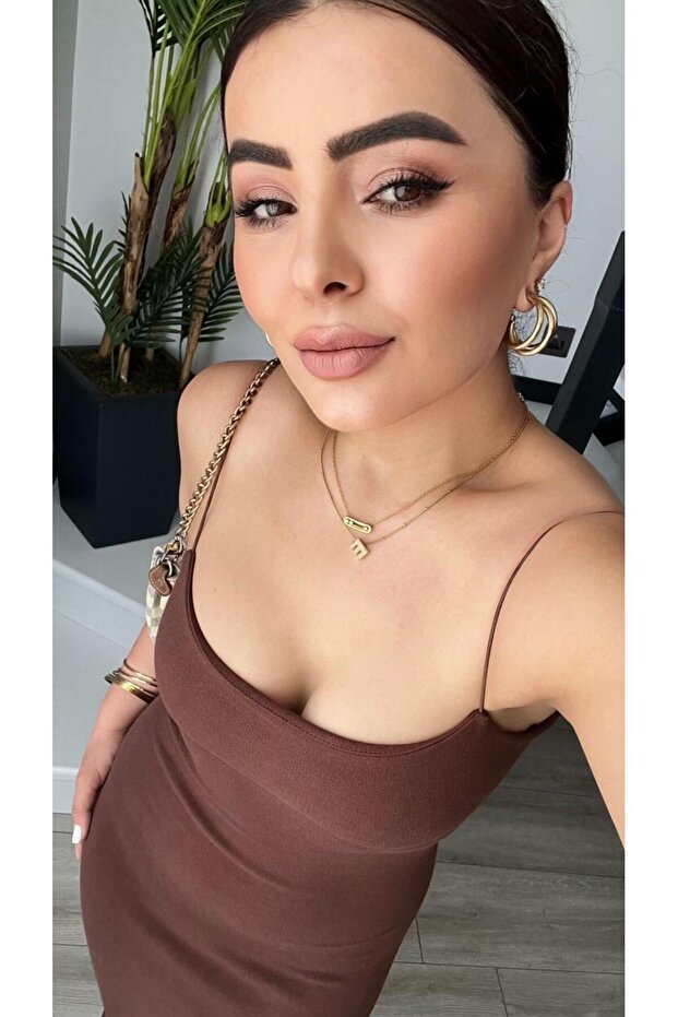 Acı Kahve Çelik Örme Askılı Elbise - 4