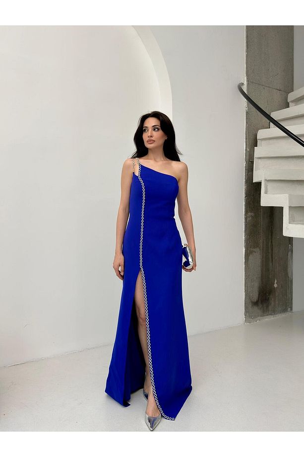 Saks Mavi Tek Omuz Zincir Detaylı Balık Abiye Elbise - 3