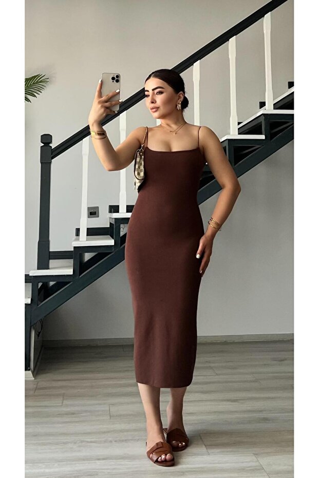 Acı Kahve Çelik Örme Askılı Elbise - 2