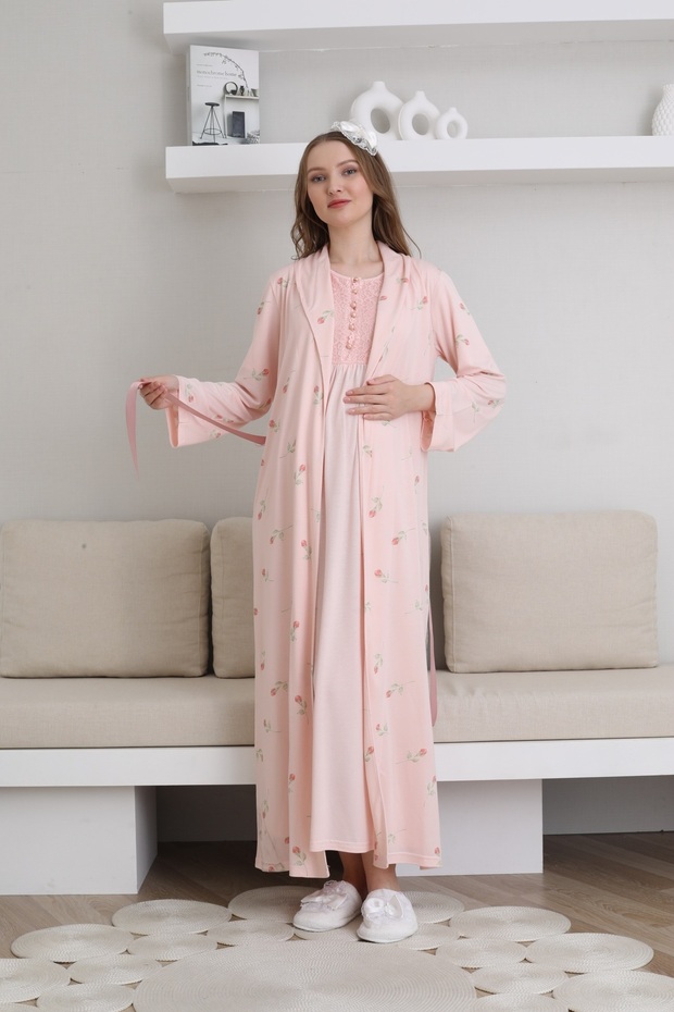 Floral Print Robe, Short-Sleeved Nightgown Maternity-Postpartum 2-Piece Set