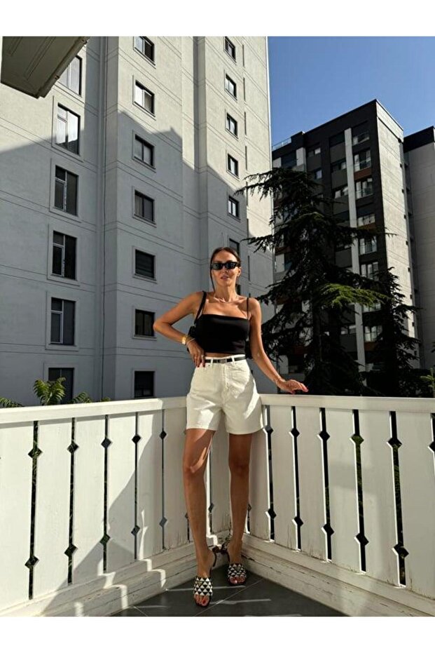 Ekru Cepli Kot Şort - 1