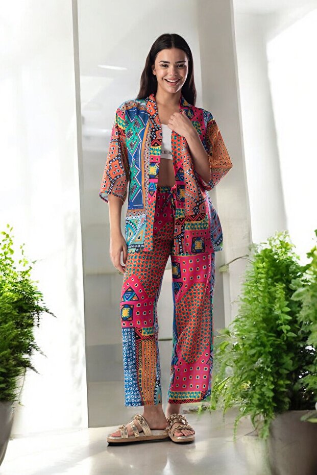 Anatolian Inspired Special Design Linen Textured Woven Kimono Trousers Set of 2