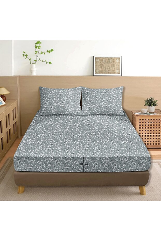 Dalya 100% Cotton Double Fitted Sheet Set Indigo - 160X200+30 cm