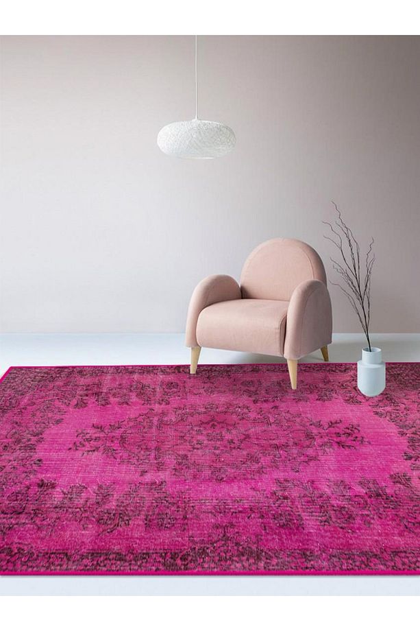 STOK SONU - Fuşya Dekoratif Taban Eskitme Desenli Salon Oturma Odası Halısı - 2