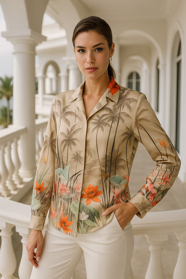 Women's Satin Tropical Patterned Slim Fit Shirt - Desing Shirt with Hidden Button Detail