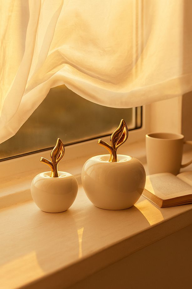 Modern Seramik Elma Dekor – 2’li Set, Altın Detaylı - Ofis Masası Dekoru - Raf Süsü - El Yapımı - 4