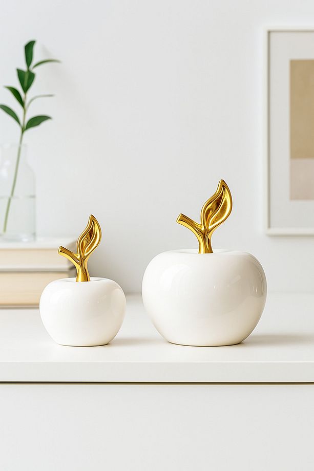 Modern Seramik Elma Dekor – 2’li Set, Altın Detaylı - Ofis Masası Dekoru - Raf Süsü - El Yapımı - 6