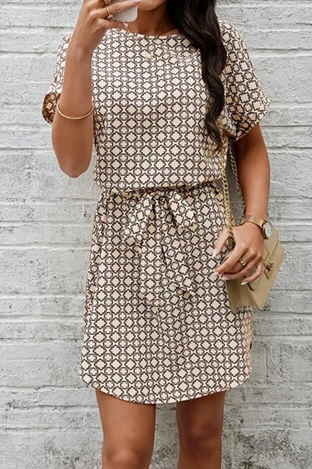 فستان سوبريم منقوش بياقة دائرية وحزام - منقوش - 3