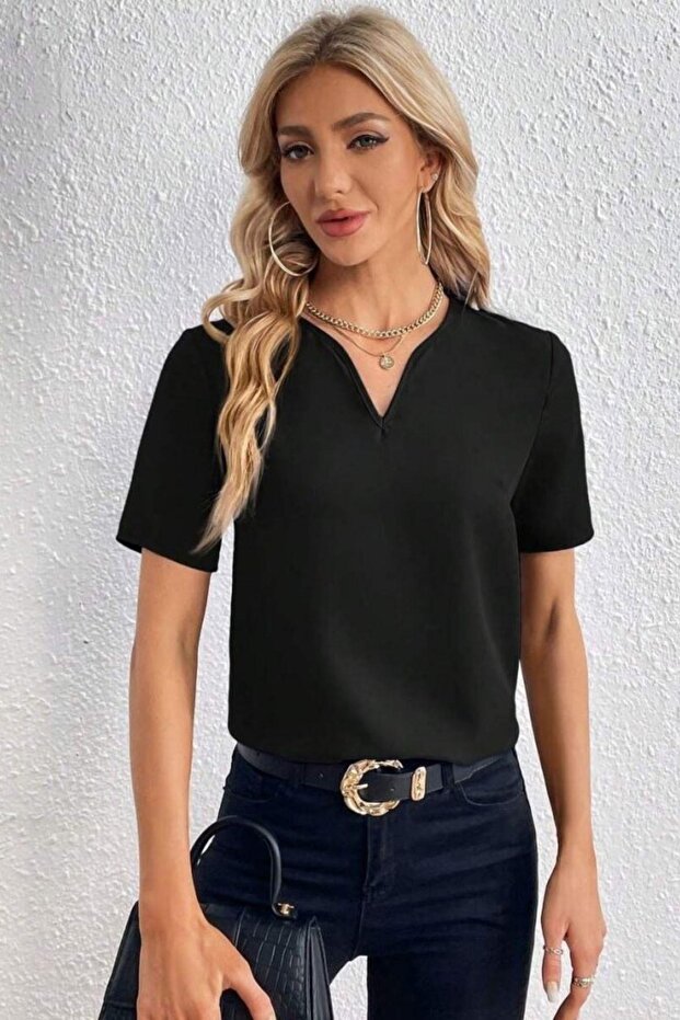 Kısa Kollu V Yaka Basic Bluz - Siyah - 4