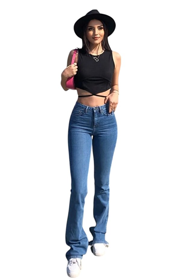 Blanche Spanish Leg Colorfast Medium Blue Stretchy High Waist Denim Pants