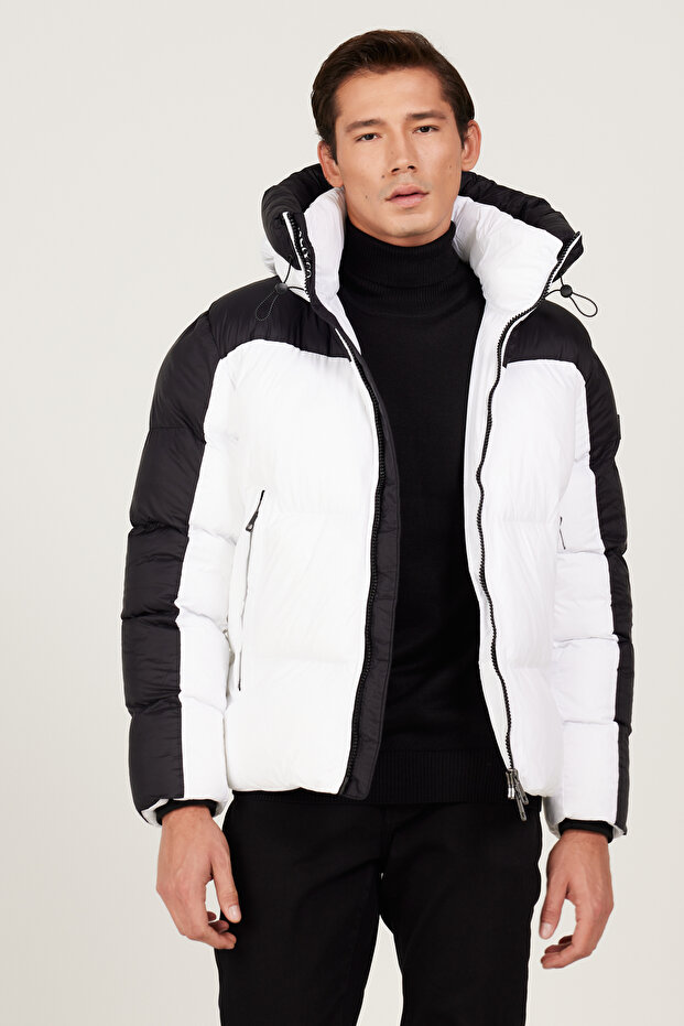 Men's Black Standard Fit Warm Windproof Padded Hood Stand Collar Coat