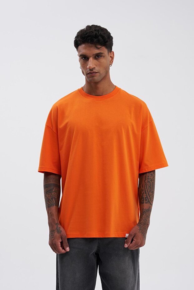 Erkek Basic Super Pamuklu Oversize Orange Tişört - 2