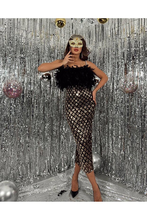 TÜY DETAYLI ASKILI TAŞLI MİDİ GECE ELBİSESİ - 3