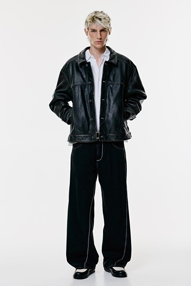 Siyah Kontrast Dikişli Skater Jean - 3