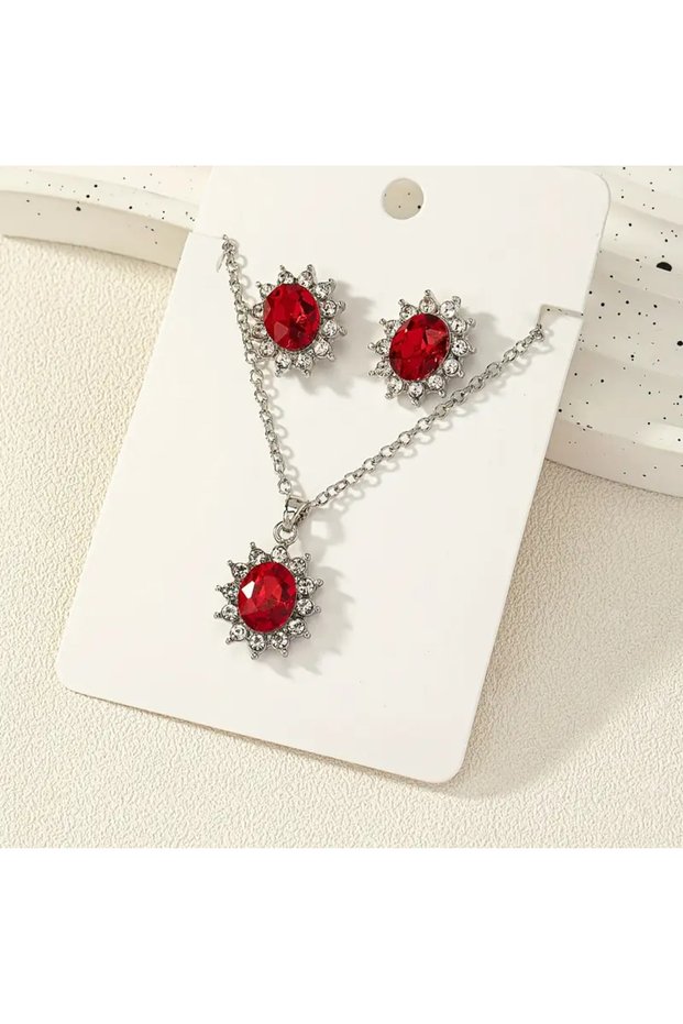 French Style Fire Red Stone, Sunflower Design Jewelry Set, Necklace and Earring Set