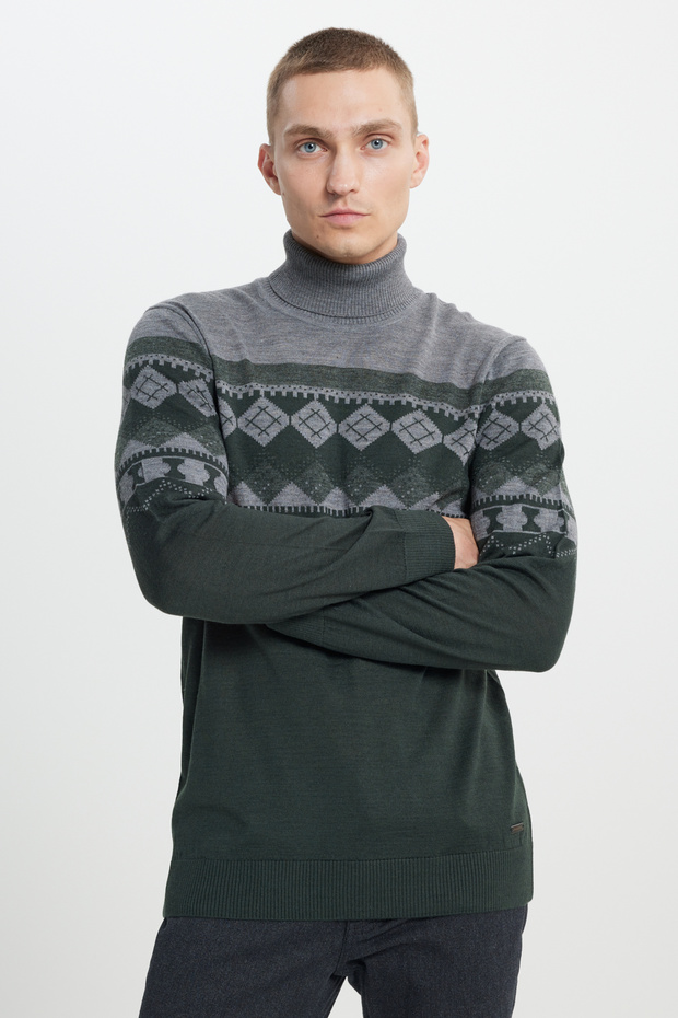 Men's Green-Gray Woolen Standard Fit Regular Fit Full Turtleneck Print Knitwear Sweater