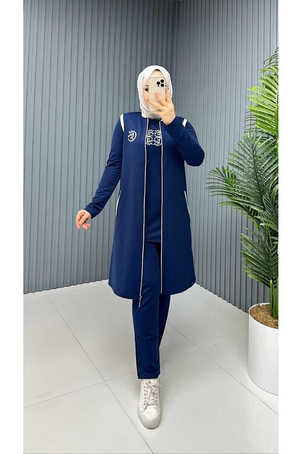 3'lü Tesettür Tunik Pantolon ve Yelek Takımı – İki iplik Pamuk Kumaş n-05452 - 2
