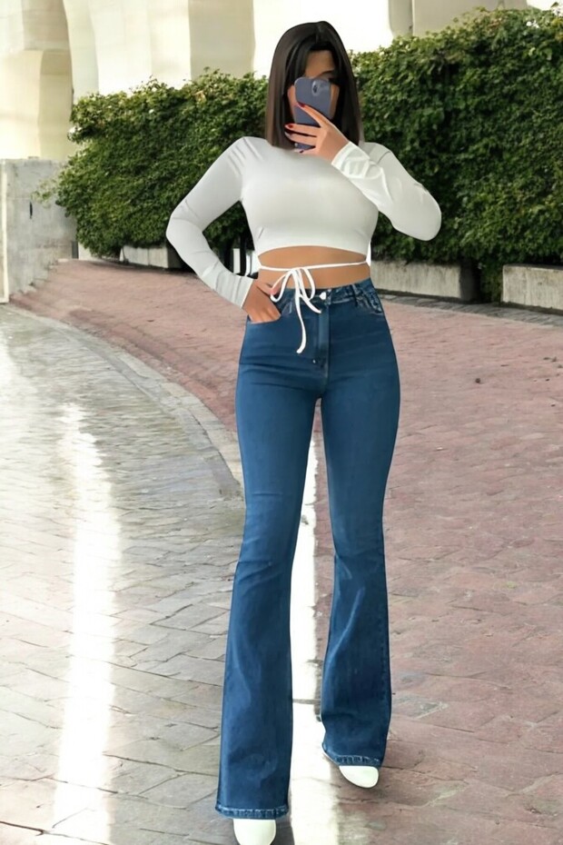 Mintolya Medium Blue Non-Fading Lycra High Waist Denim Spanish Leg Jeans
