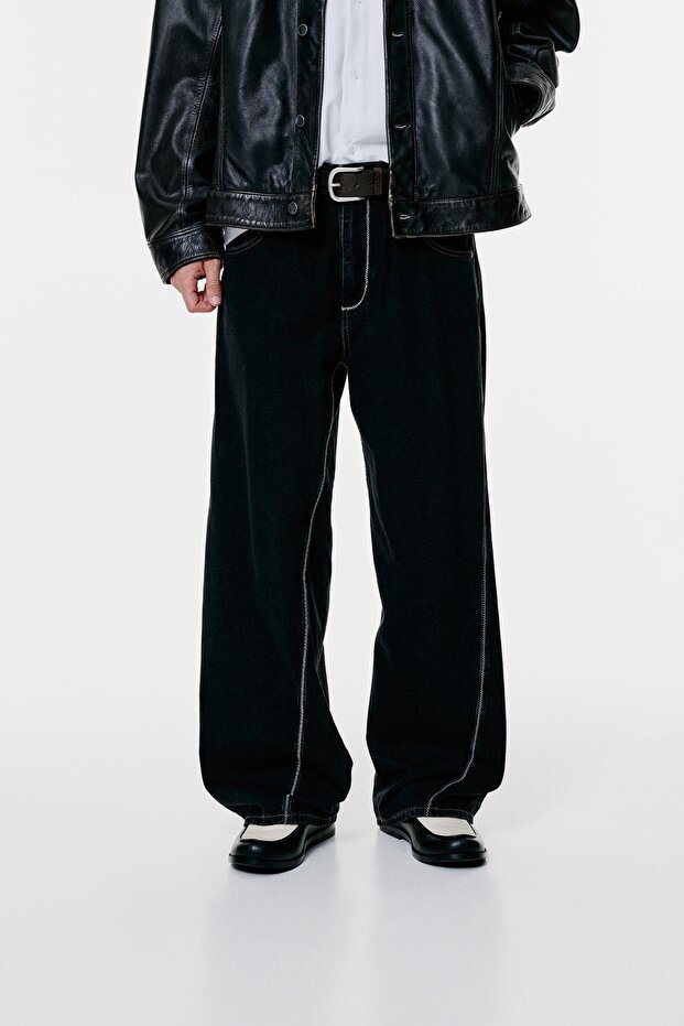 Siyah Kontrast Dikişli Skater Jean - 4