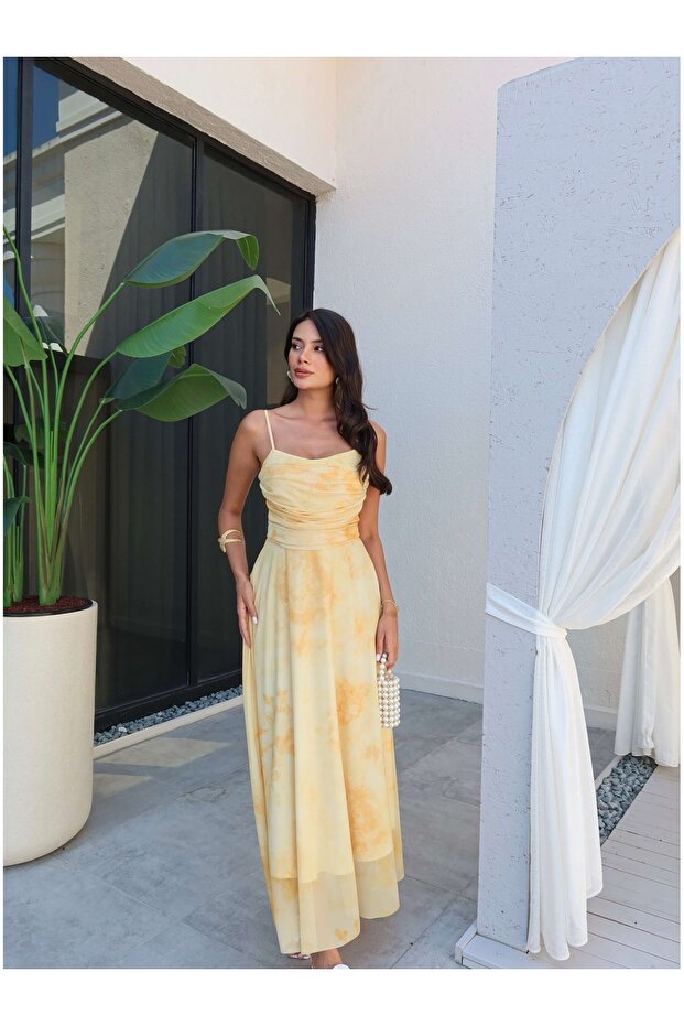 Askılı Drapeli Şifon Elbise - 4