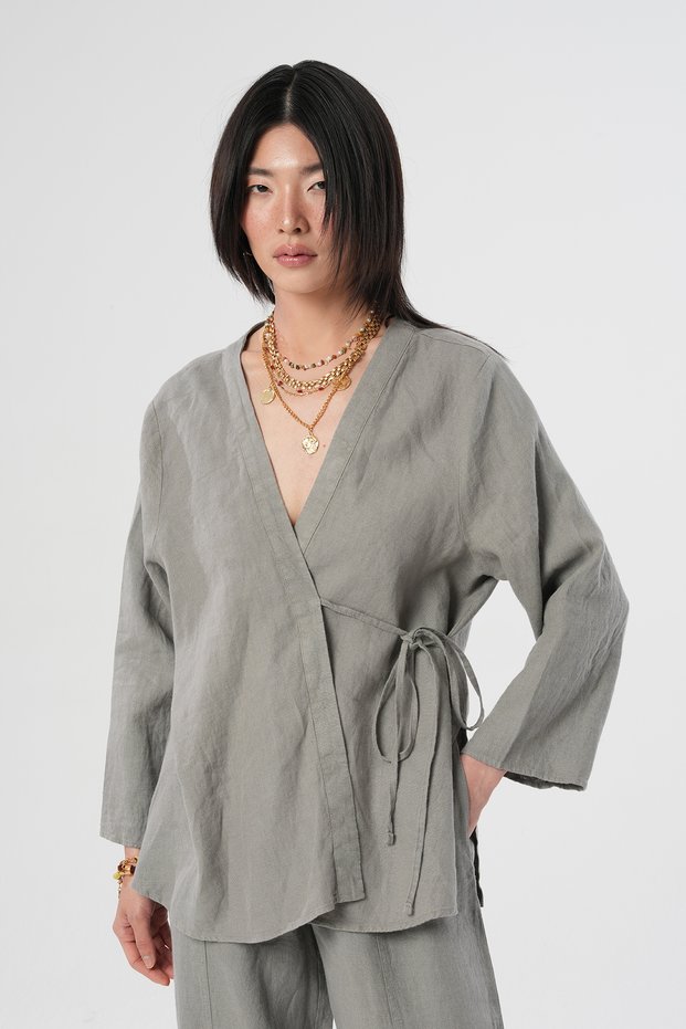 Women's V-Neck Gray Color Shirt with Tie Detail on the Front