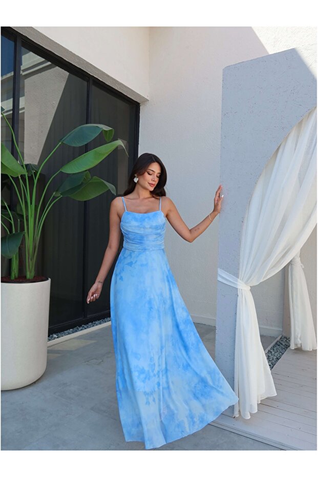 Askılı Drapeli Şifon Elbise - 2