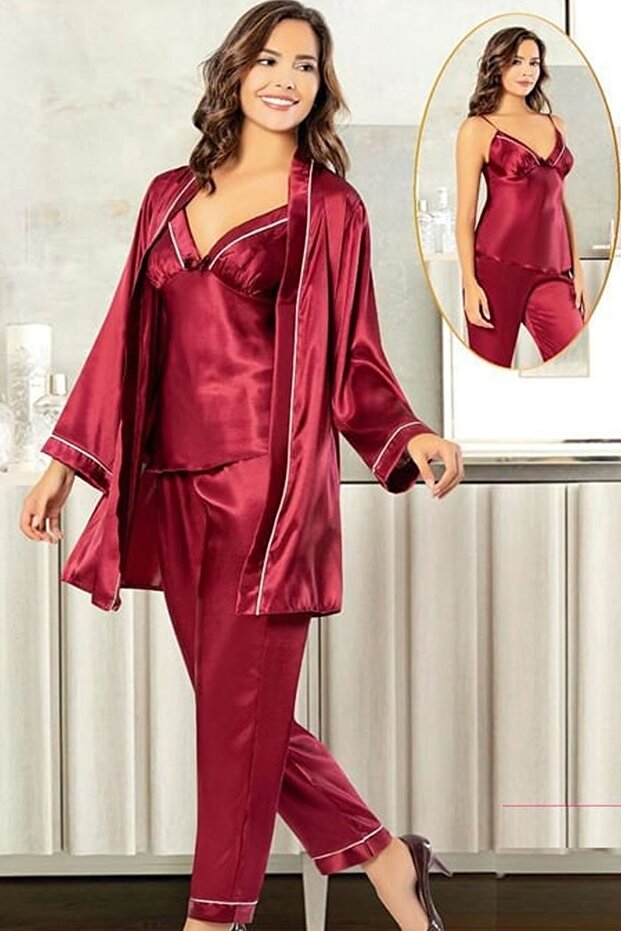 2101 Women's Burgundy Satin Pajama Set with Robe