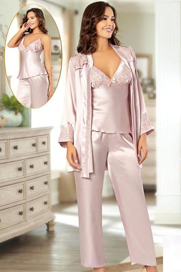2102 Women's Powder Satin Pajama Set with Dressing Gown
