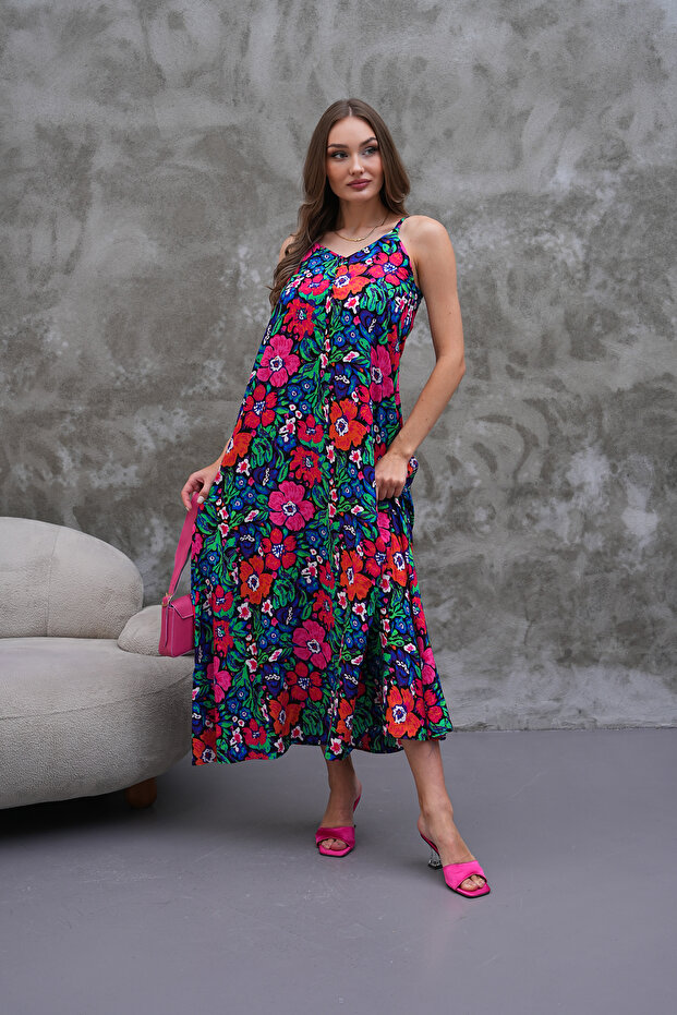 Full Length Suspender Pleated Viscose Dress