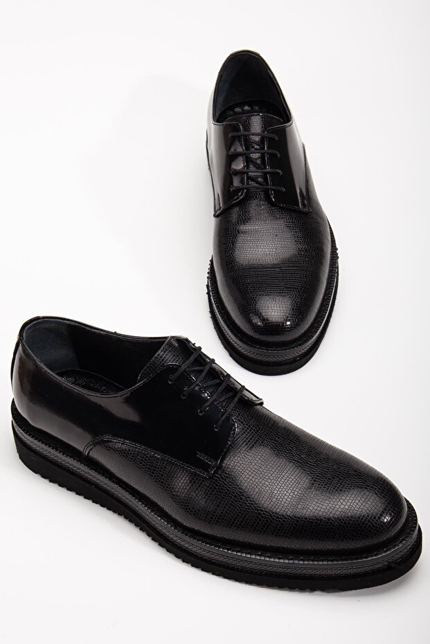 Genuine Leather Men's Classic Shoes Black Patent Leather Thick Sole Tied Flat